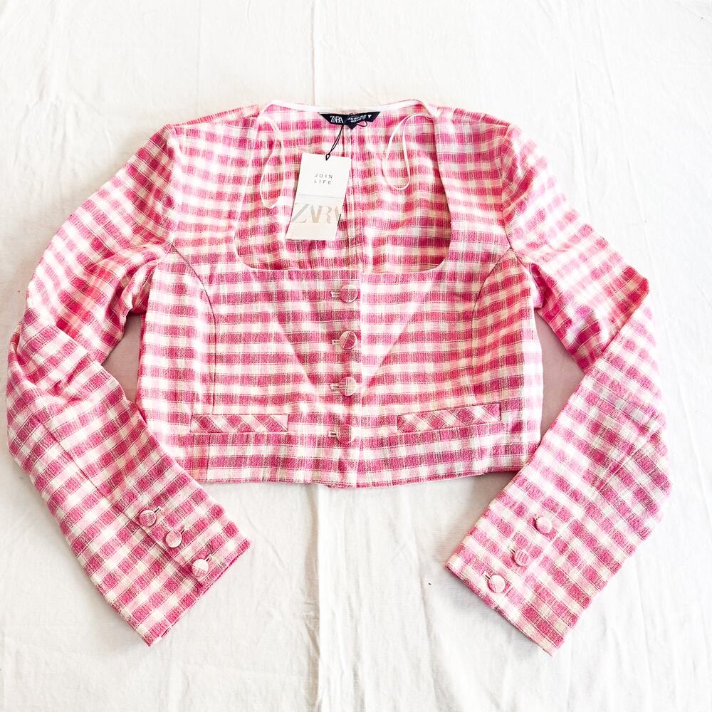 Zara Pink Plaid Checkered Cropped Blouse Jacket Top Size XL NWT